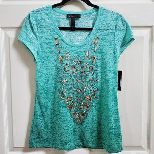 NWT INC Green / Gold Sequin Embellished Ombre Burnout Tee T Shirt Size Petite M